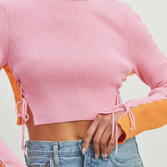 ButterMelon Pink and Orange Lace Up Sweater Size Small Ribbed Crop Top Fashion - Picture 6 of 12